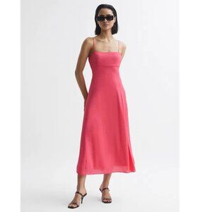 Reiss Bonnie Coral Square Neck Adjustable Strap Tailored Cut Out Back Midi Dress